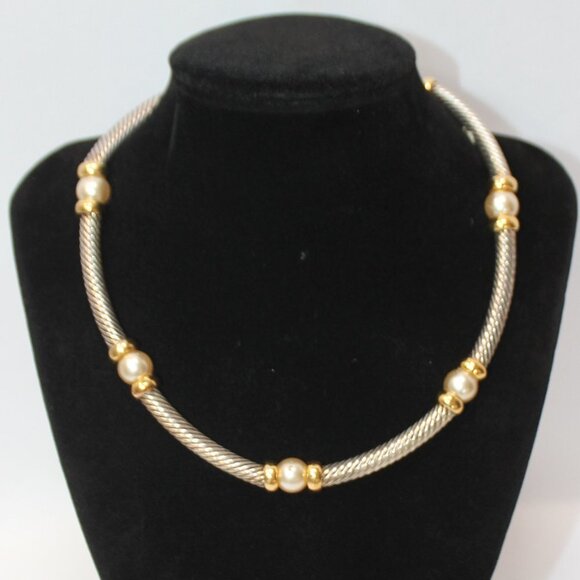 Silver, Gold and Pearl Choker Necklace - Picture 1 of 10